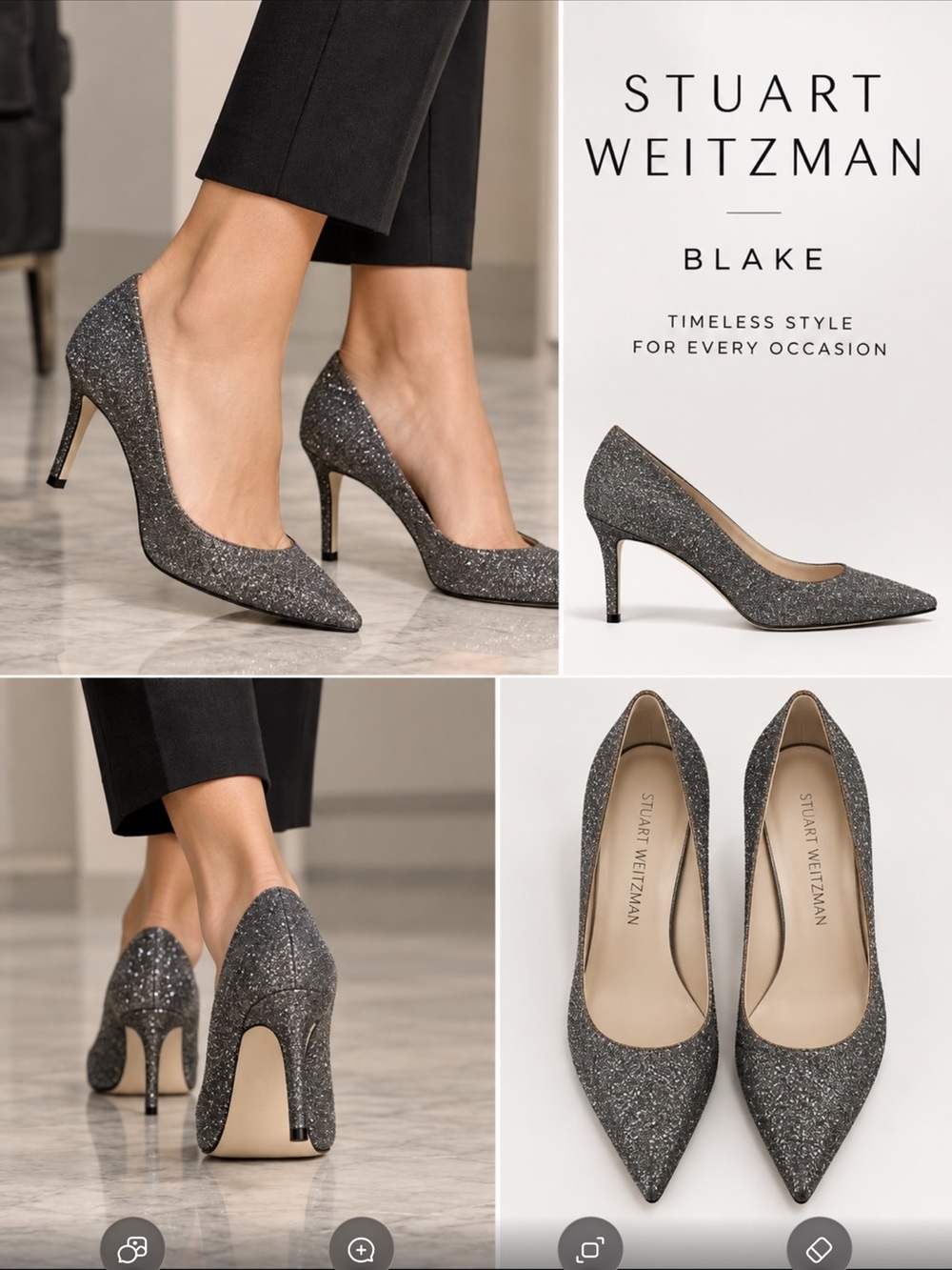 Stuart Weitzman Blake Pointed-Toe Glitter Pumps in Silver-Gray